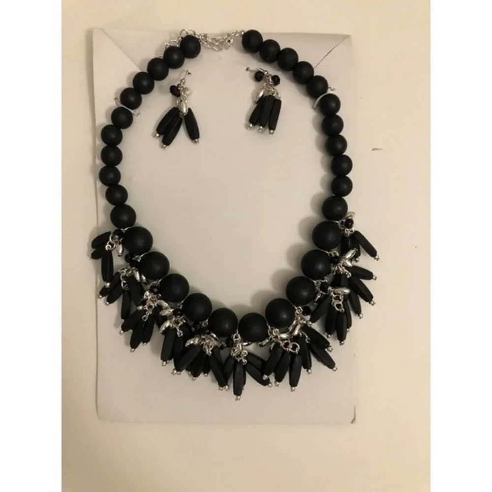 Jewelry Set Womens Necklace‎ Earrings Black Chunky Beaded Fringe Boho Goth